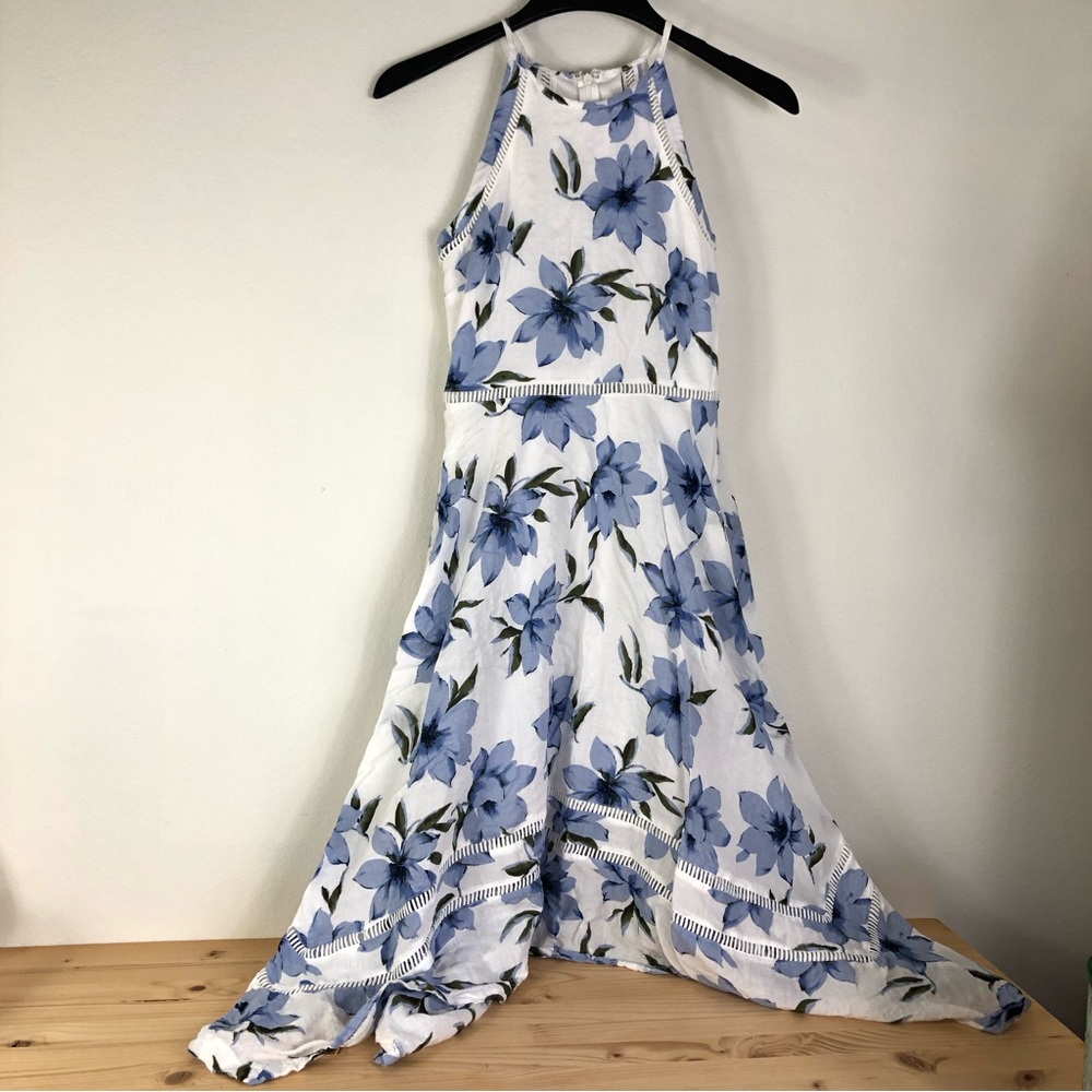Lulus Womens XS A Line Dress Floral Cotton Blue White Sleeveless Easter Spring.